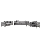 Morden Fort Modern Velvet Chair Loveseat Sofa 3 Pieces Upholstered Living Room Furniture Sets with Deep Button Tufting, Solid Wood Frame and Iron Legs-Silver Grey