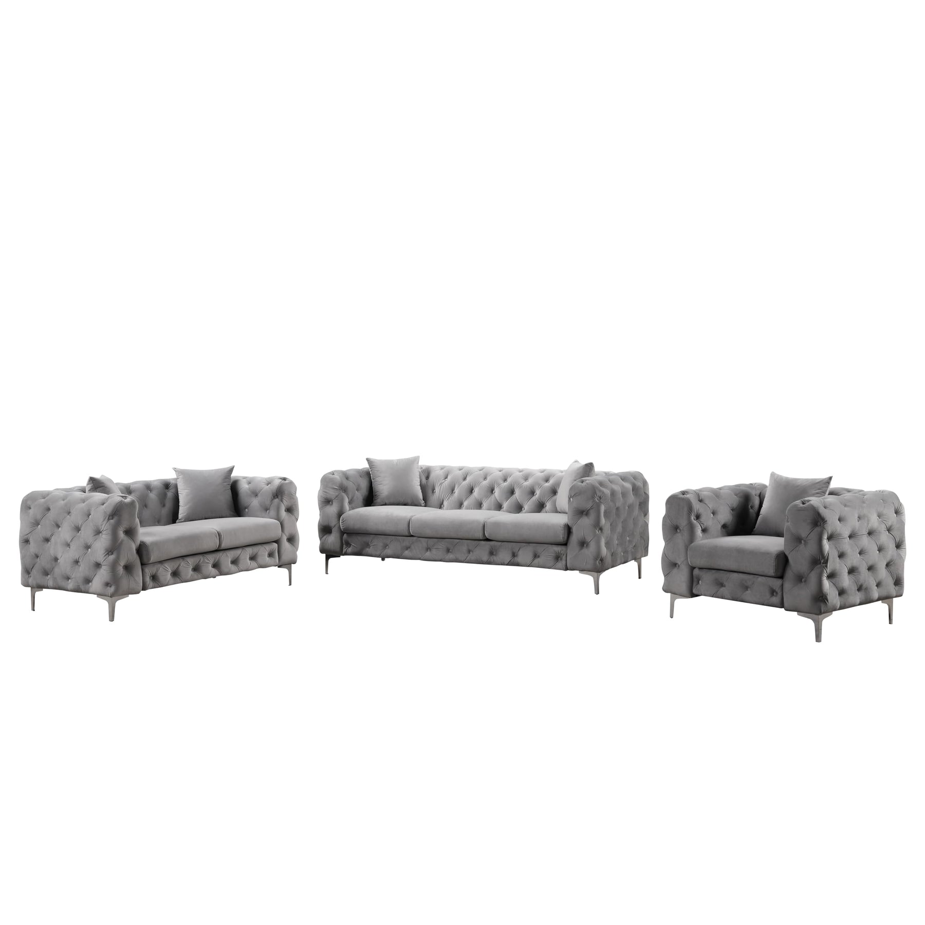 Morden Fort Modern Velvet Chair Loveseat Sofa 3 Pieces Upholstered Living Room Furniture Sets with Deep Button Tufting, Solid Wood Frame and Iron Legs-Silver Grey