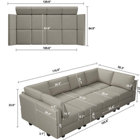 Belffin Modular Sectional Sofa with Storage Chaises Sectional Sleeper Sofa Couch 8 Seat Sectional Sofa Bed Grey