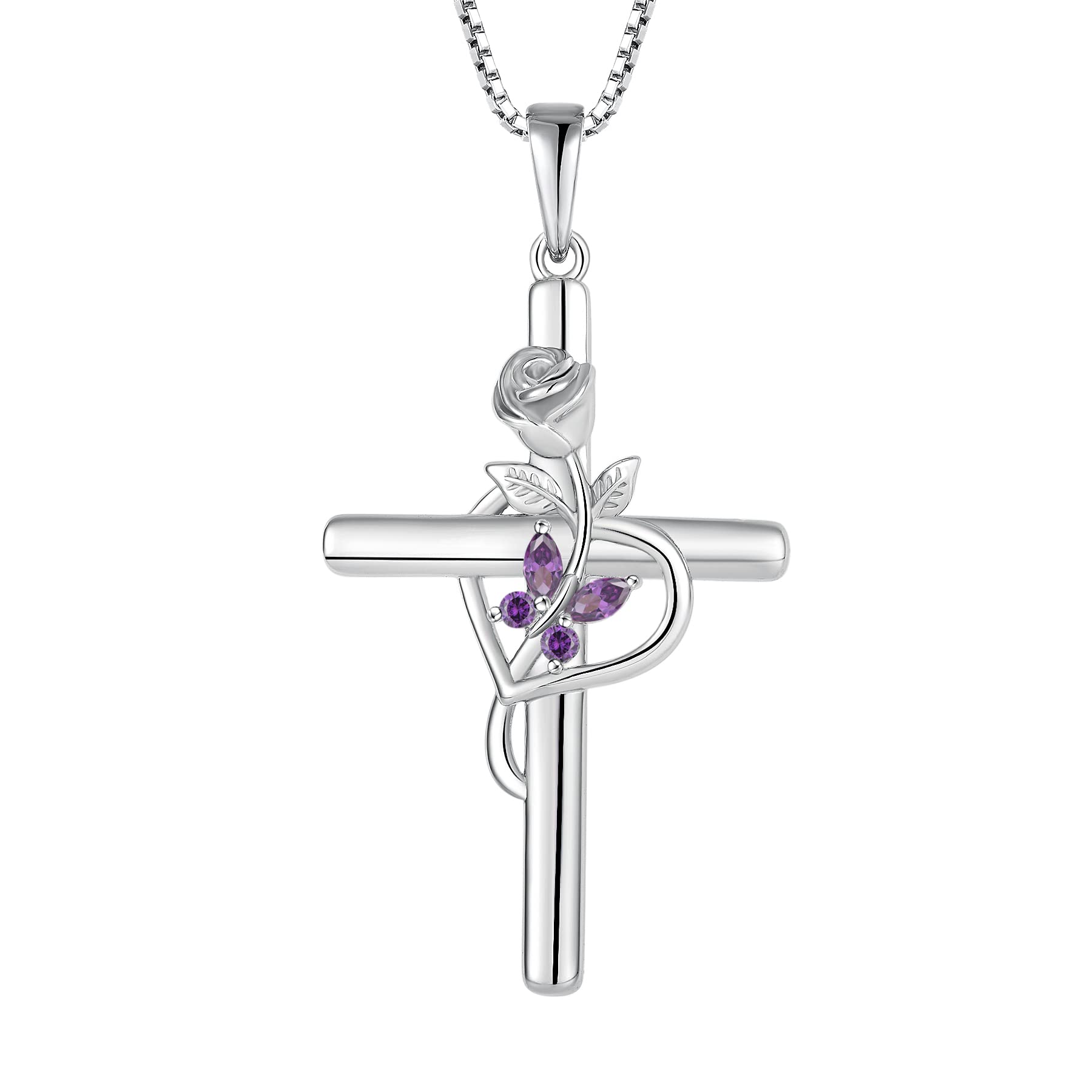 Rocayi Cross Necklace for Women 925 Sterling Silver Butterfly Necklace Amethyst February Birthstone Pendent Rose Flower Religion Jewelry Gifts for Women Wife Girlfriend Mother Daughter Her