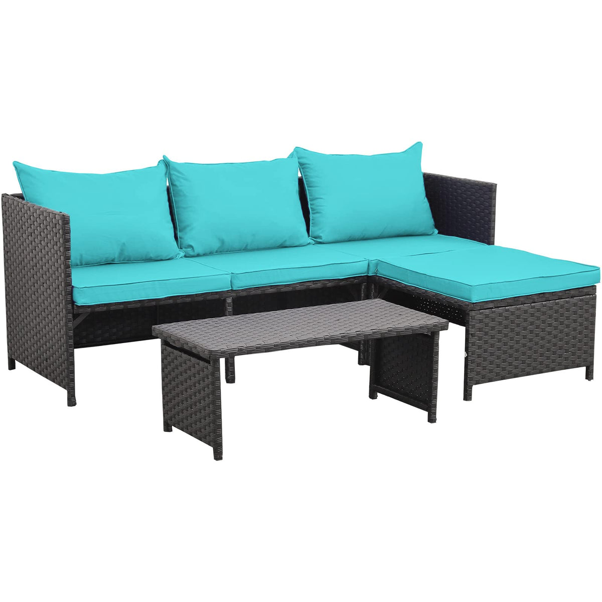 Valita 3-Piece Outdoor PE Rattan Furniture Set Patio Black Wicker Conversation Loveseat Sofa Sectional Couch Turquoise Cushion