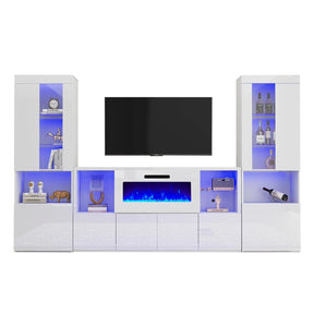 AMERLIFE 3 Piece Modern High Gloss Fireplace TV Stand + Bookcase Set for Living Room Includes 68" TV Stand with 40" Fireplace, 2 X Bookcase with Doors & 20 Colors LED Lights, White