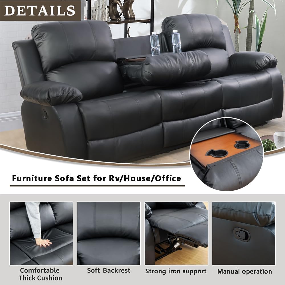 AYCP Bonded Leather Living Room Furniture Set Reclining Sofa Set Loveseat Furniture Sets in Living Room Sofa Recliners (3 Pieces, Black)