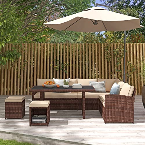 Yangming Outdoor Patio Furniture Set, 7 Piece Sectional Clearance Sets Dining Table Rattan Chairs Wicker Couch Conversation Seating Sofa with Ottomans for Deck, Backyard, Porch, Lawn, Garden (Brown)