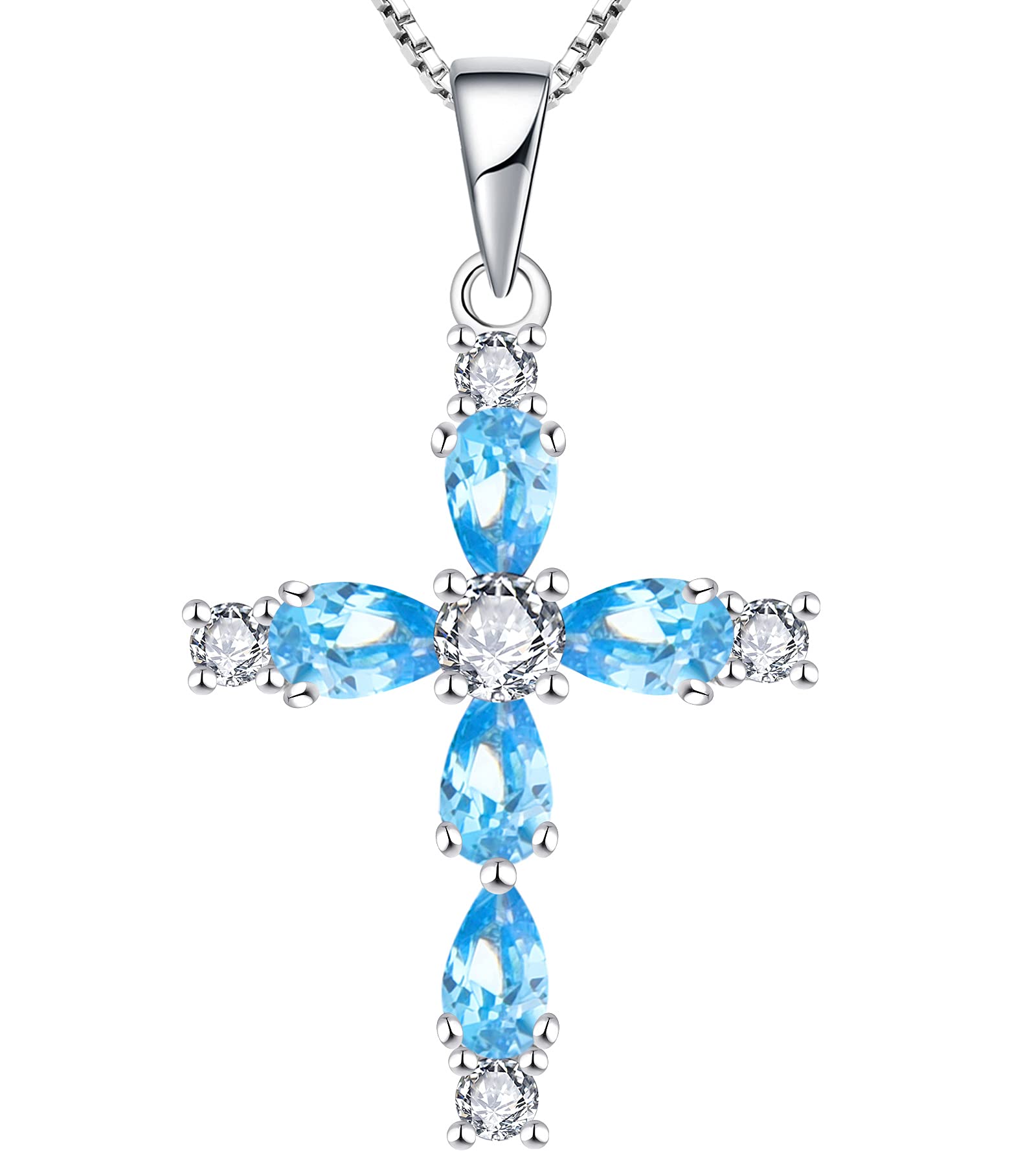 YL Cross Necklace 925 Sterling Silver Halo Pendant Gemstone Created Aquamarine Religious Jewelry Christian Baptism Gifts