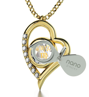 Gold Plated Silver Virgo Necklace Zodiac Heart Pendant 24k Gold inscribed on Crystal