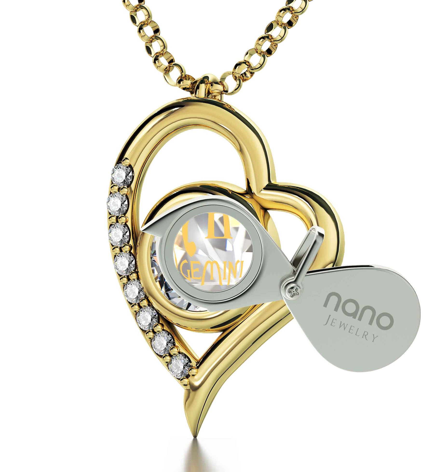 Gold Plated Silver Gemini Necklace Zodiac Heart Pendant 24k Gold Inscribed on Crystal