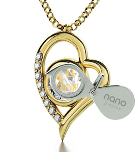 Gold Plated Silver Gemini Necklace Zodiac Heart Pendant 24k Gold Inscribed on Crystal