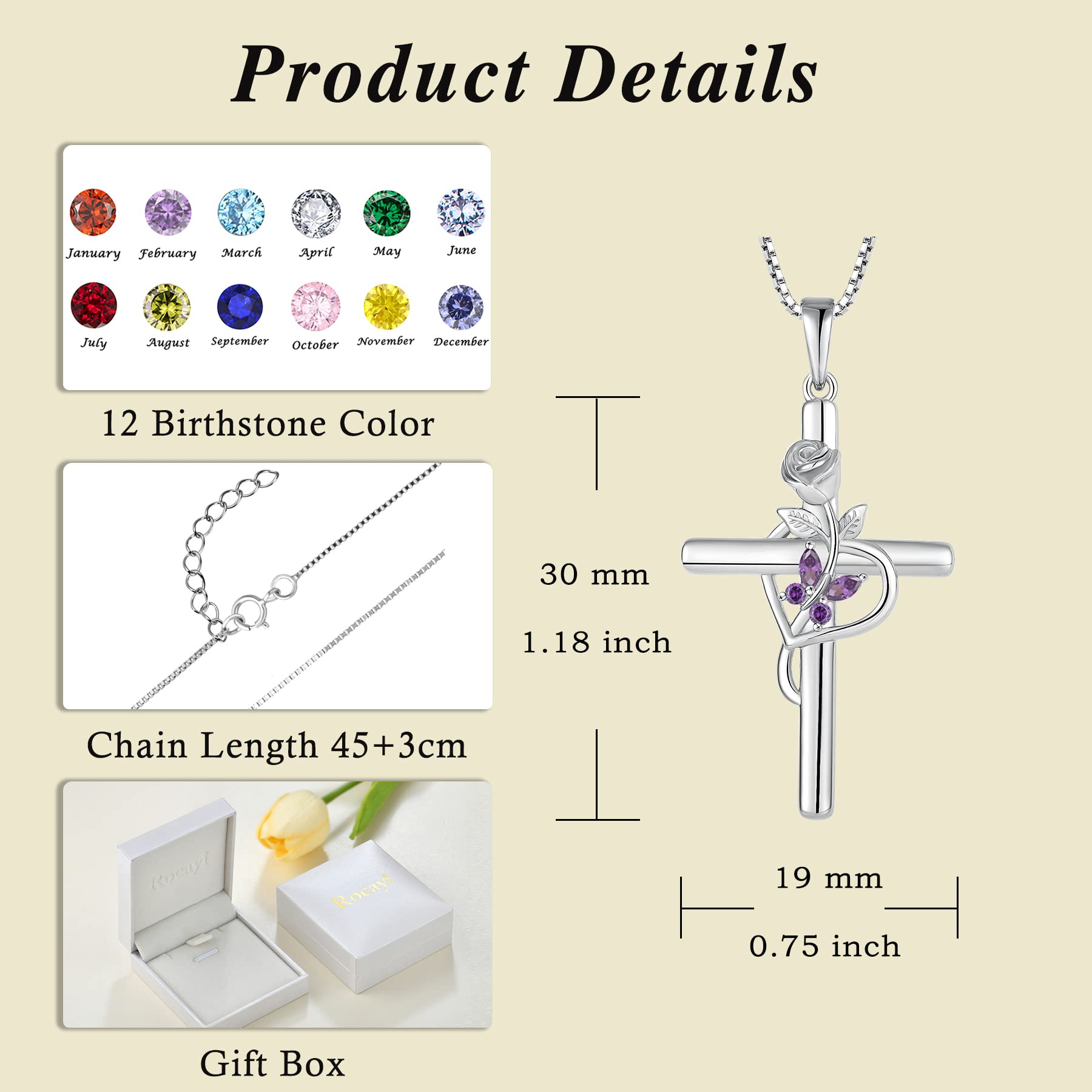 Rocayi Cross Necklace for Women 925 Sterling Silver Butterfly Necklace Amethyst February Birthstone Pendent Rose Flower Religion Jewelry Gifts for Women Wife Girlfriend Mother Daughter Her