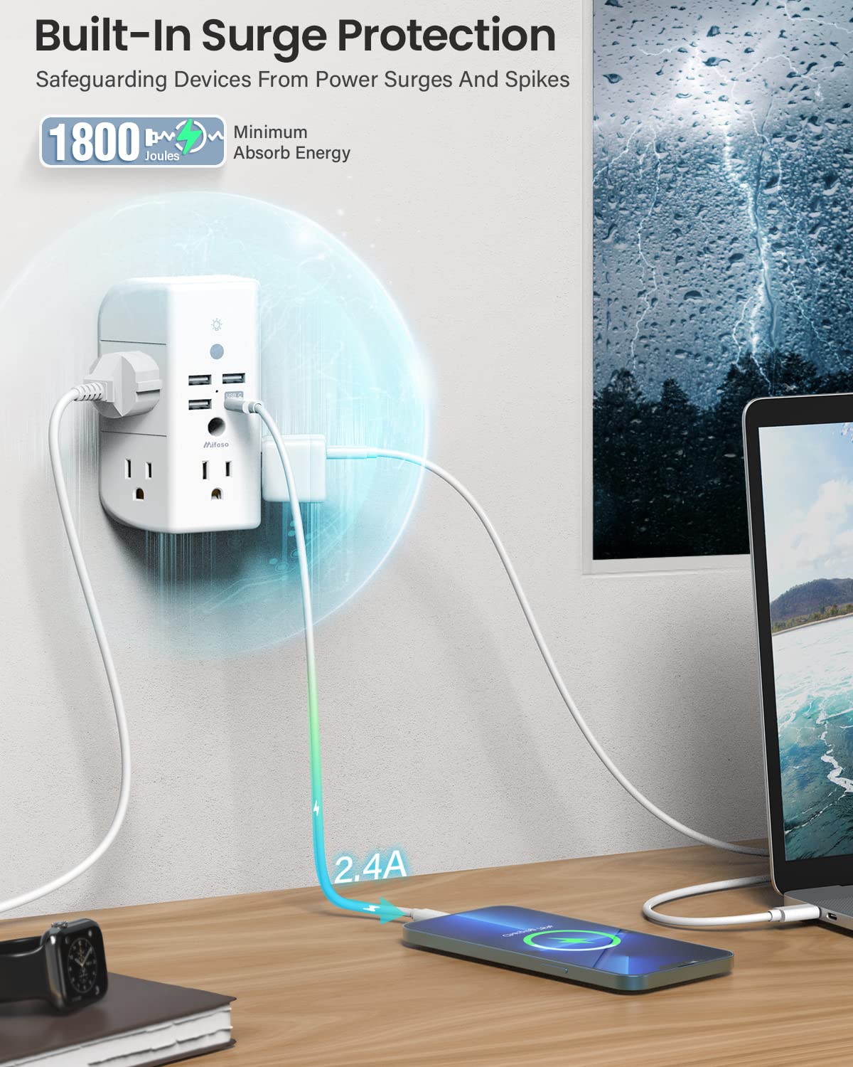 Wall Outlet Extender with Shelf and Night Light,Surge Protector,USB Wall Charger with 5 AC Outlets and 3 USB Ports 1 USB C Outlet Wide Space 3-Sided Power Strip Multi Plug Outlets…