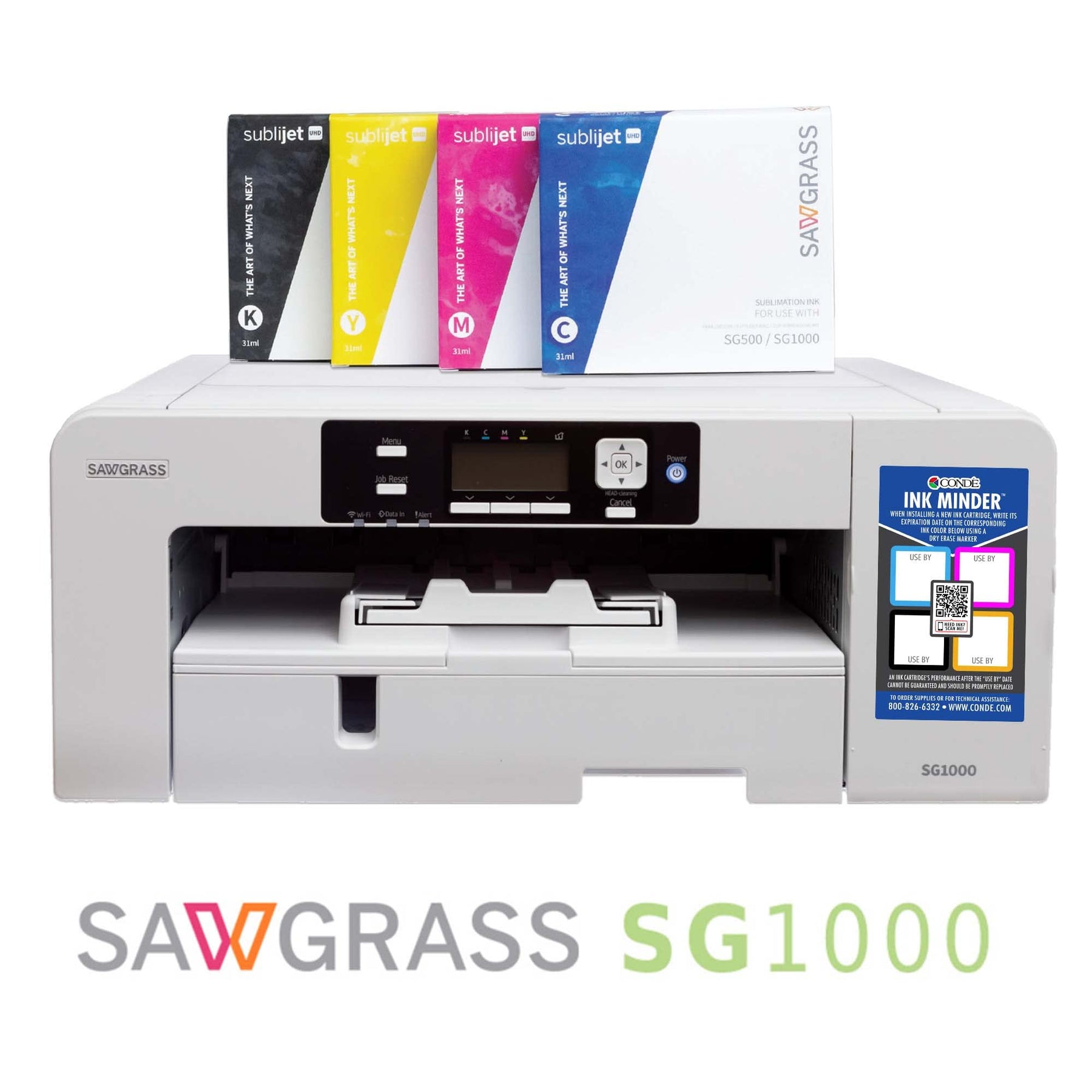 Sawgrass SG1000 Sublimation Printer with SubliJet UHD Extended Kit Bundle for Dye Sublimation Blank Printing. Includes Samples, Subli Ink, Heat Tape, Beginners Guide, & Paper.