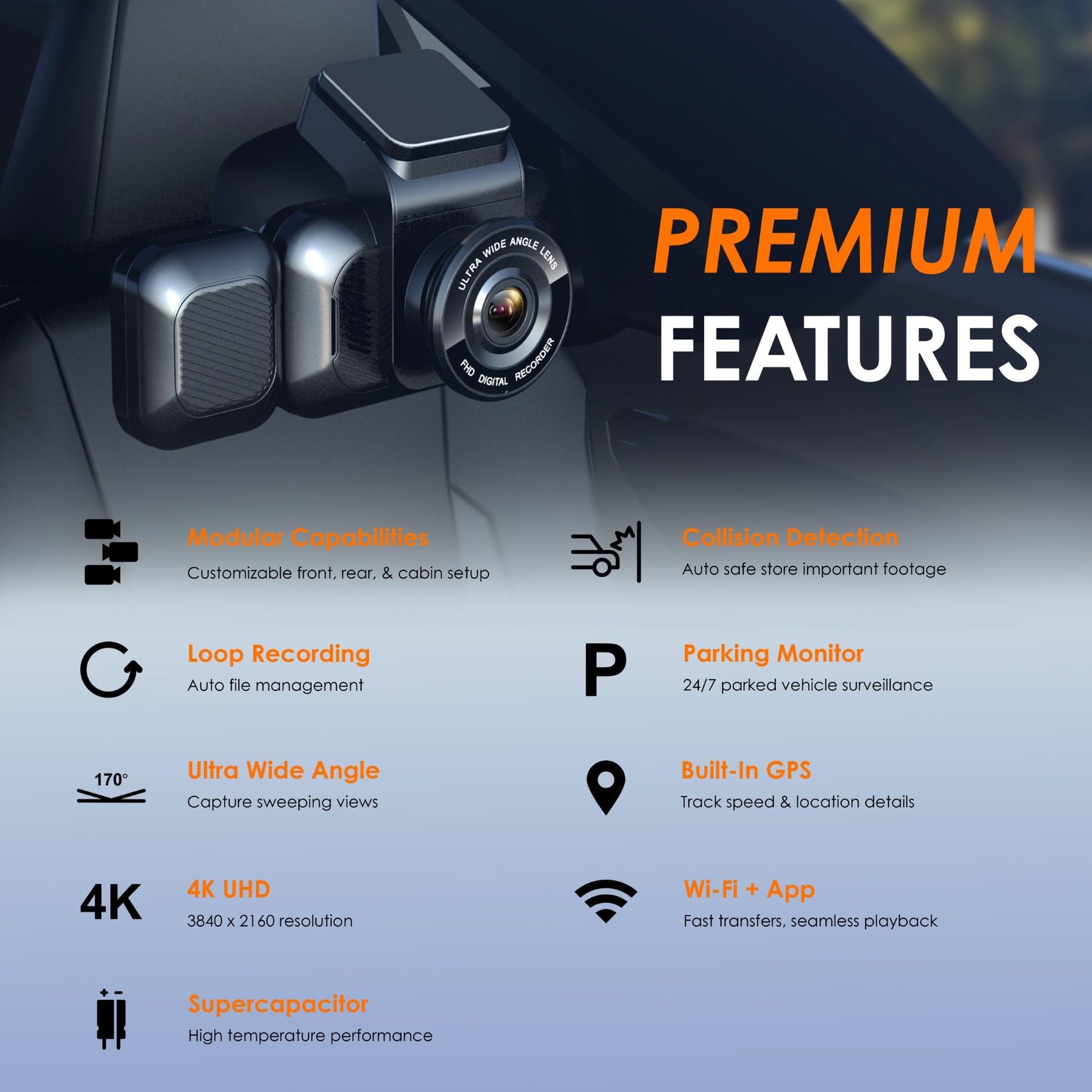 RexingUSA 4K 3-Channel Dash Cam with Wi-Fi, GPS, Voice Control, G-Sensor, and Loop Recording – Super Capacitor, 170° Wide Angle, 32GB MicroSD Included