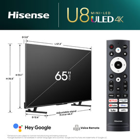 Hisense 65-Inch Class U8 Series Mini-LED ULED 4K UHD Google Smart TV (65U8K) - QLED, Native 144Hz, 1500-Nit, Dolby Vision IQ, Full Array Local Dimming, Game Mode Pro, Alexa Compatibility.