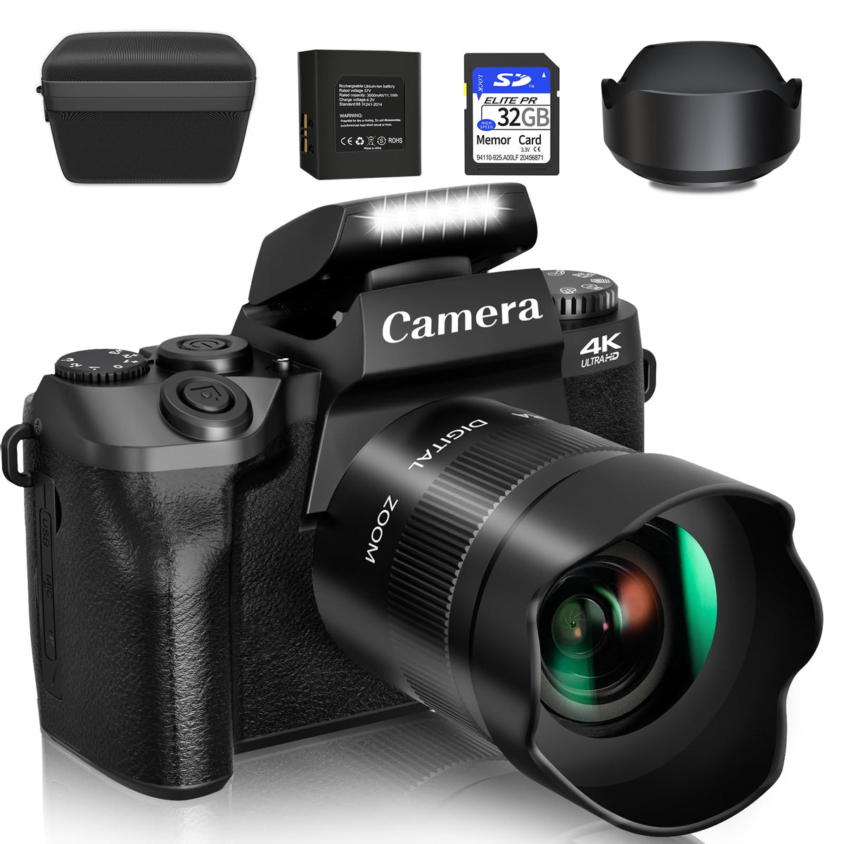 Saneen Digital Camera, 4k Cameras for Photography & Video, 64MP WiFi Touch Screen Vlogging Camera for YouTube with Flash, 32GB SD Card, Lens Hood, 3000mAH Battery, Front and Rear Cameras - Black