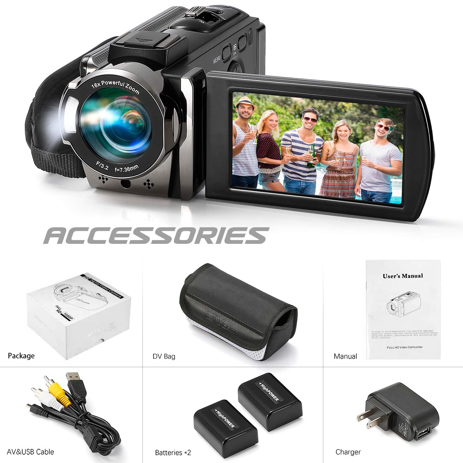 kimire Video Camera Camcorder Digital Camera Recorder Full HD 1080P 15FPS 24MP 3.0 Inch 270 Degree Rotation LCD 16X Digital Zoom Camcorder Camera with 2 Batteries(Black)