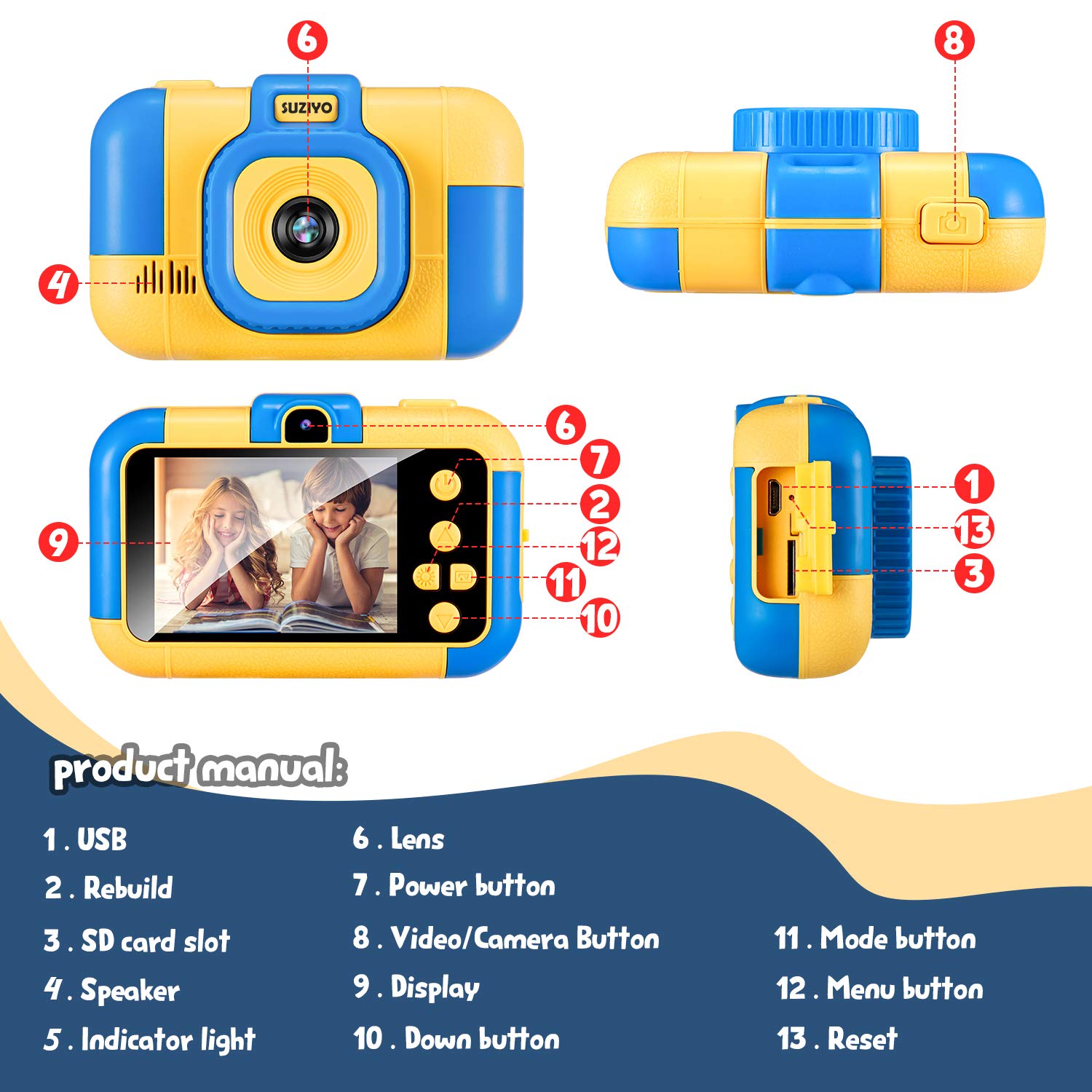 SUZIYO Kids Camera, Digital Video Camcorder Dual Lens 1080P 2.4 Inch HD,Best Birthday Electronic Toys Gifts for Toddlers Age 3-10 Years Old Boys Grils Children (with 32G Micro SD Card,Blue)