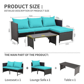 Valita 3-Piece Outdoor PE Rattan Furniture Set Patio Black Wicker Conversation Loveseat Sofa Sectional Couch Turquoise Cushion