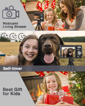 Digital Camera, Kids Camera 1080P 36MP Video Camera with Two Batteries, Time Stamp Antishake 16X Zoom, Compact Portable Cameras Christmas Birthday Gift for Children Kid Teen Student Girl Boy(Black)