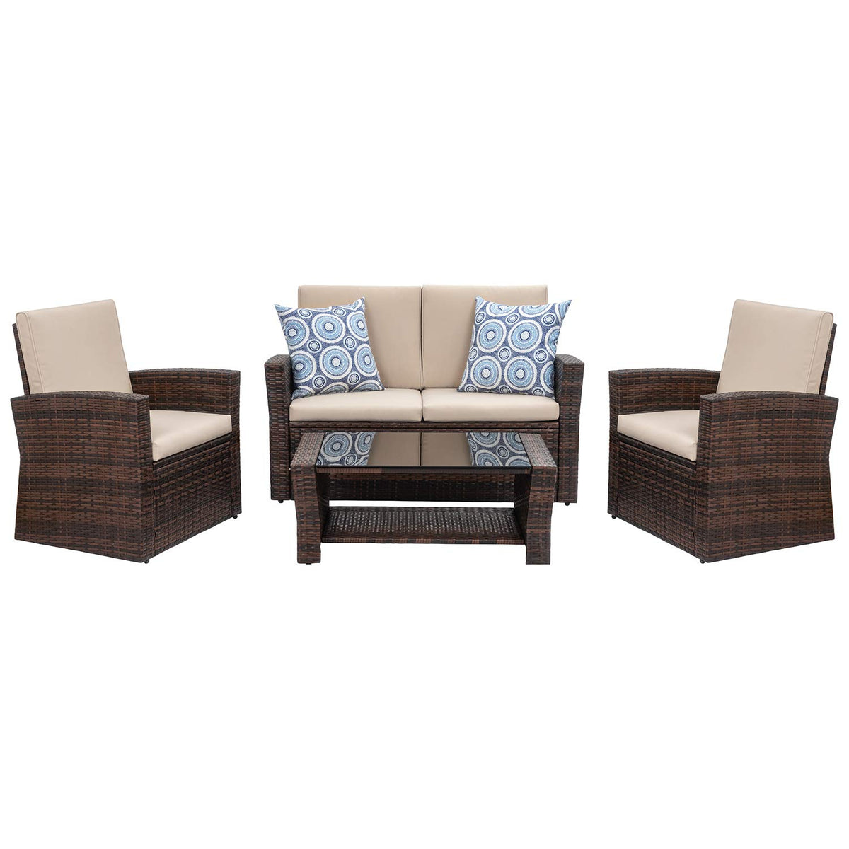 Shintenchi Outdoor Patio Furniture 4 Piece Set, Wicker Rattan Sectional Sofa Couch with Glass Coffee Table | Brown