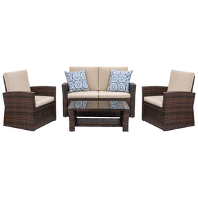 Shintenchi Outdoor Patio Furniture 4 Piece Set, Wicker Rattan Sectional Sofa Couch with Glass Coffee Table | Brown