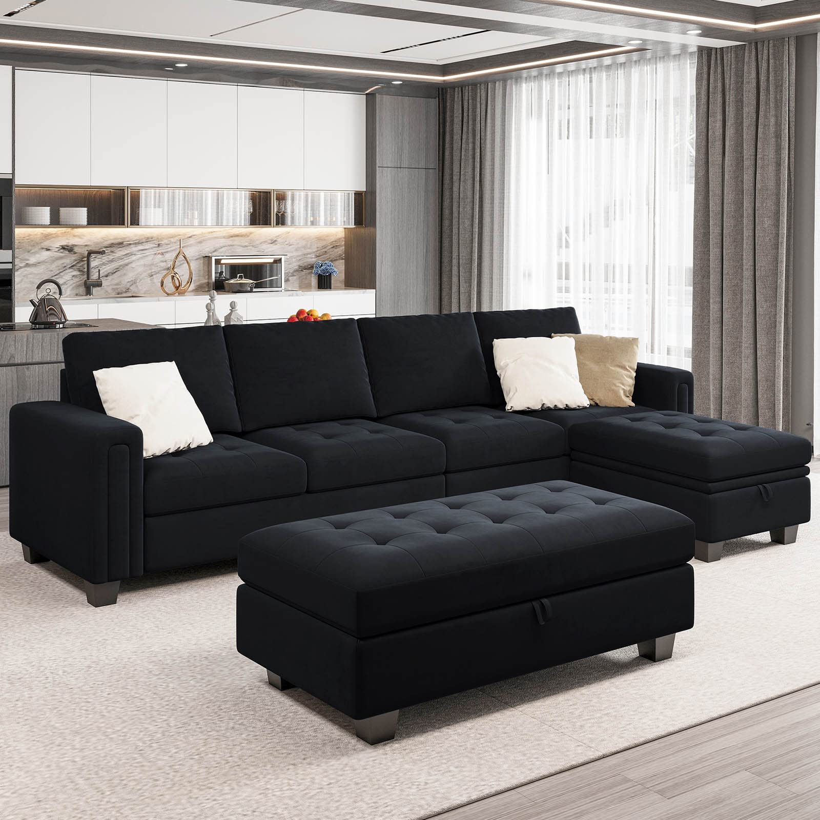 Belffin Velvet Convertible 4-Seat Sectional Sofa with Reversible Chaise L Shaped Sofa Couch Furniture Sets Sectional Couch with Storage Ottoman Black