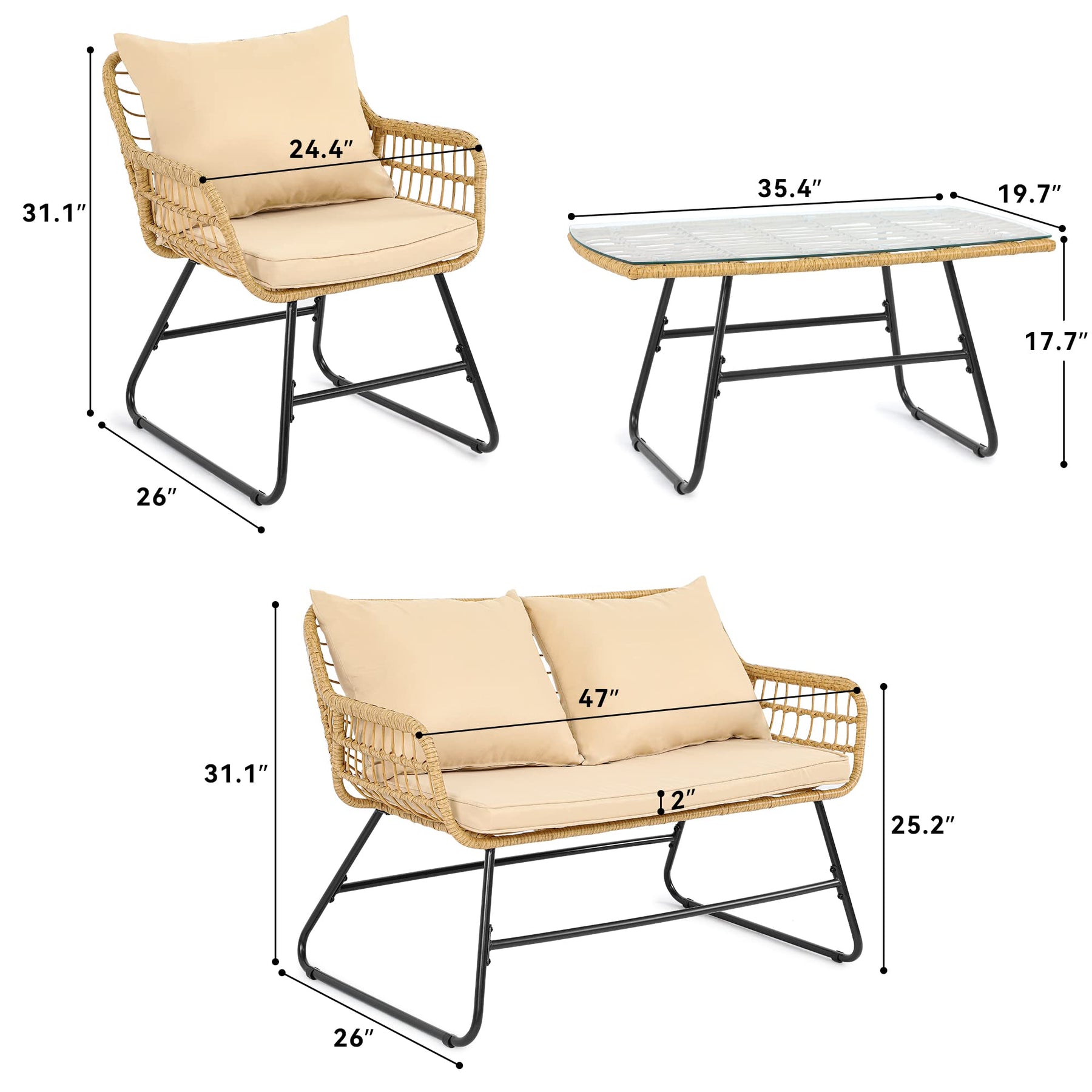 YITAHOME 4-Piece Patio Furniture Wicker Outdoor Bistro Set, All-Weather Rattan Conversation Loveseat Chairs for Backyard, Balcony and Deck with Soft Cushions and Metal Table (Light Brown+Beige)