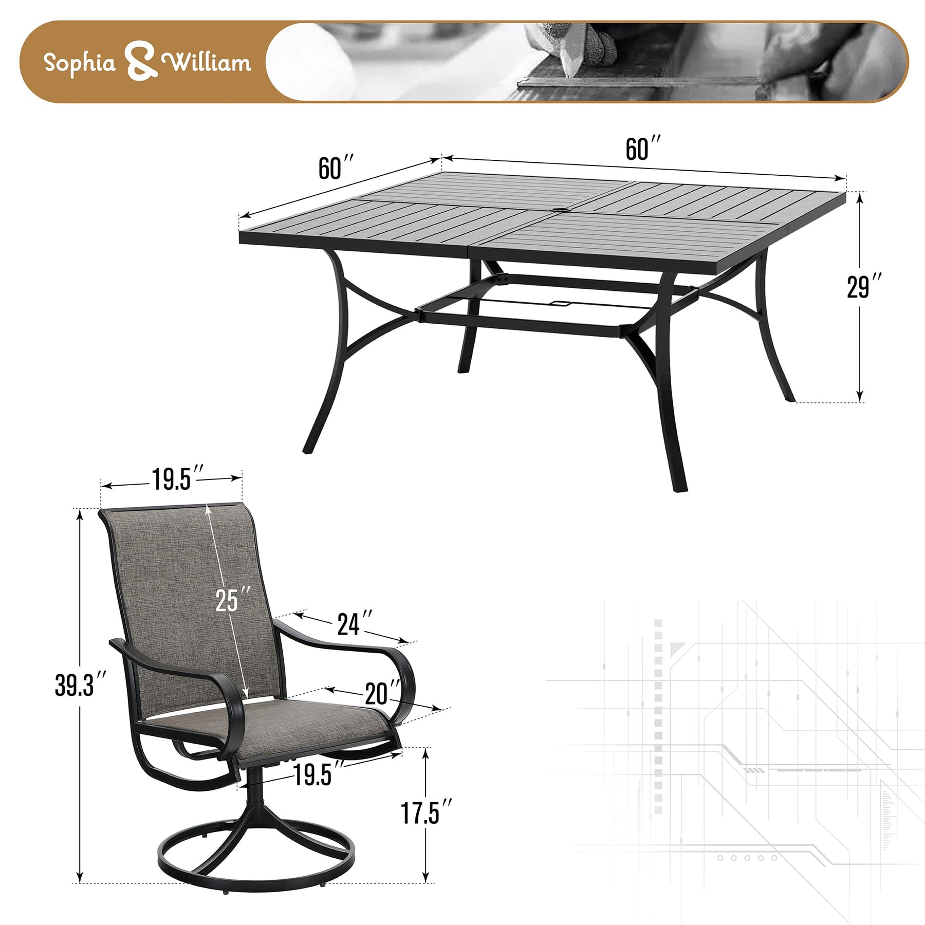 Sophia & William Patio Furniture Set Large Square Patio Dining Table for 8 with Patio Swivel Chairs Textilene Patio Dining Set 9 Pieces Outdoor Table and Chairs for Garden Backyard All Weather