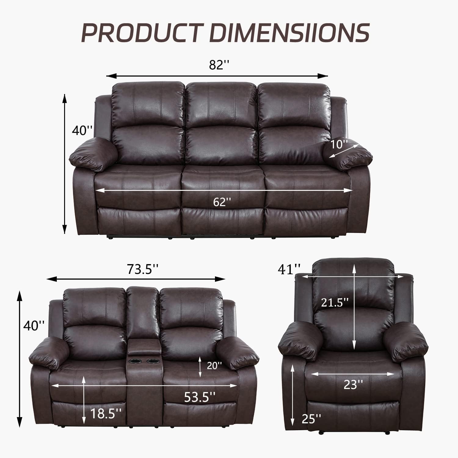 AYCP Bonded Leather Living Room Furniture Set Reclining Sofa Set Loveseat Furniture Sets in Living Room Sofa Recliners (3 Pieces, Black)