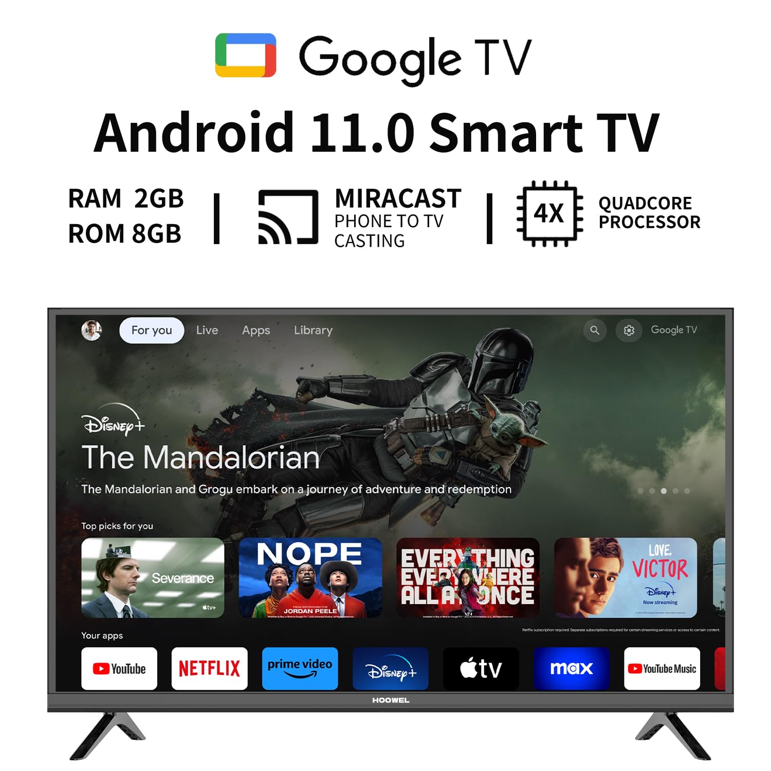 55 Inch Smart TV 4K Ultra HD, Compatible with Google TV, Google Assistant Built-in with Voice Remote, Compatible with Bluetooth, Dolby Audio Chromecast Built-in (Black)