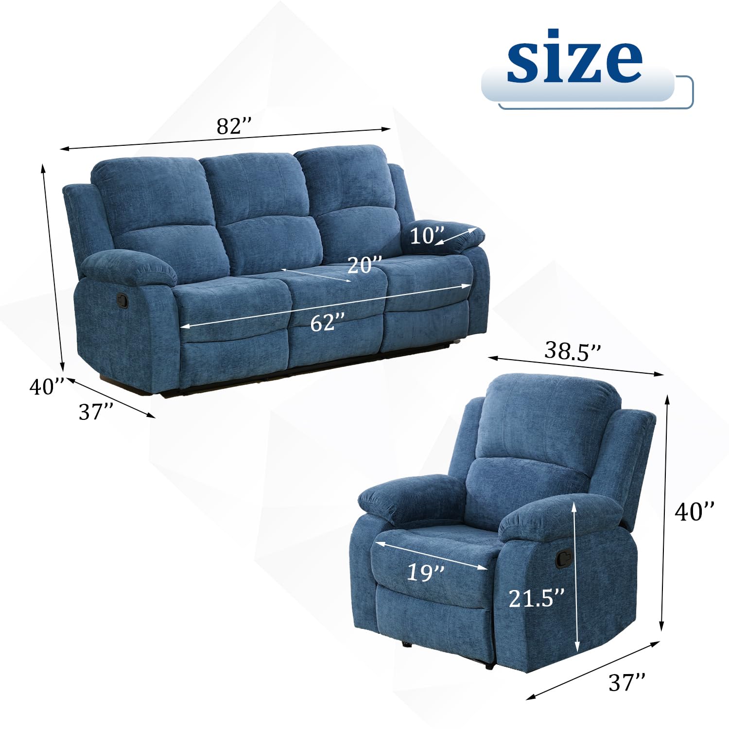 Plithzy Recliner Sofa Set Living Room Furniture, Microfiber Fabric Reclining Sofa Set, Recliner Couch Set with Cup Holders for Office Home (Sofa and Chair Set, Blue)