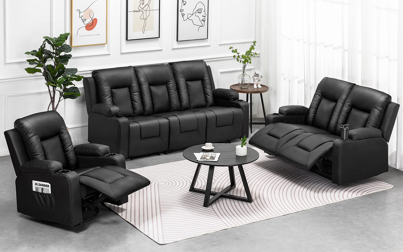 COMHOMA Recline Chair Set，Furniture 3PC Bonded Leather Recliner Set Living Room Set, Sofa with massger(Black, 3+2+1)