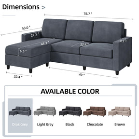 Shintenchi Convertible Sectional Sofa Couch, Modern Linen Fabric L-Shaped , 3-Seat Sofa Sectional with Reversible Chaise for Living Room, Apartment and Small Space (Dark Grey)