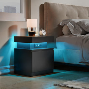 Cozy Castle Black LED Nightstand Set of 2, Small Bedside Table with LED Lights and Charging Station, End Table with Door for Bedroom