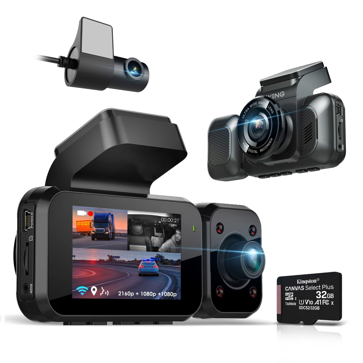 RexingUSA 4K 3-Channel Dash Cam with Wi-Fi, GPS, Voice Control, G-Sensor, and Loop Recording – Super Capacitor, 170° Wide Angle, 32GB MicroSD Included