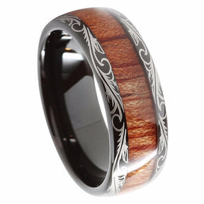 Black Leaf Motif Koa Wood Tungsten Ring