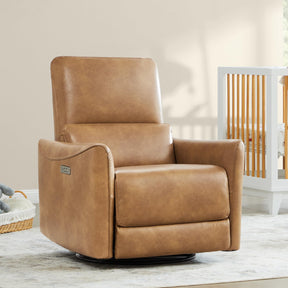 CHITA Power Recliner Chair Swivel Glider, FSC Certified Upholstered Faux Leather Living Room Reclining Sofa Chair with Lumbar Support, Cognac Brown