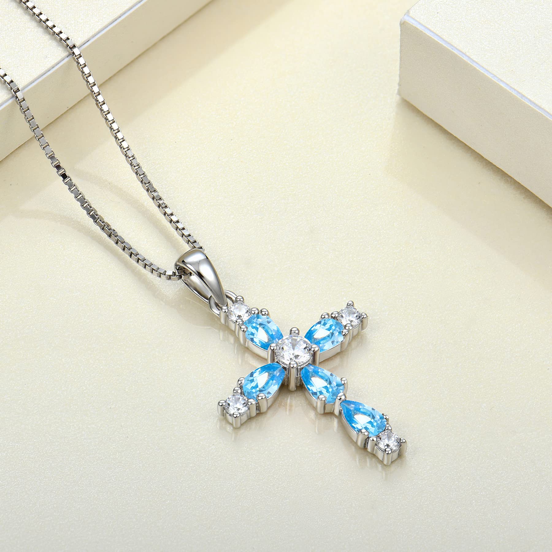 YL Cross Necklace 925 Sterling Silver Halo Pendant Gemstone Created Aquamarine Religious Jewelry Christian Baptism Gifts