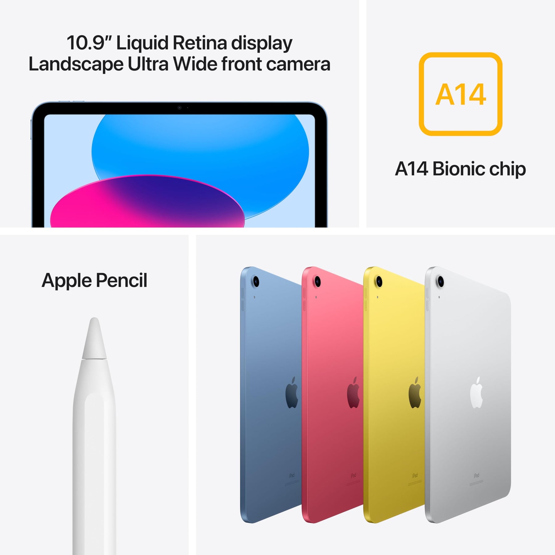 Apple iPad (10th Generation): with A14 Bionic chip, 10.9-inch Liquid Retina Display, 64GB, Wi-Fi 6, 12MP front/12MP Back Camera, Touch ID, All-Day Battery Life – Silver