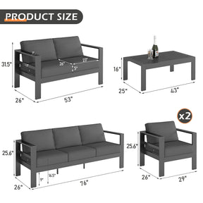 Betterhood Outdoor Aluminum Patio Furniture Set, 5 Pieces Modern Outdoor Sectional with Outdoor Patio Coffee Table & 5 Inch Cushion, Outdoor Patio Sectional Sofa Set for Balcony, Garden, Dark Gray