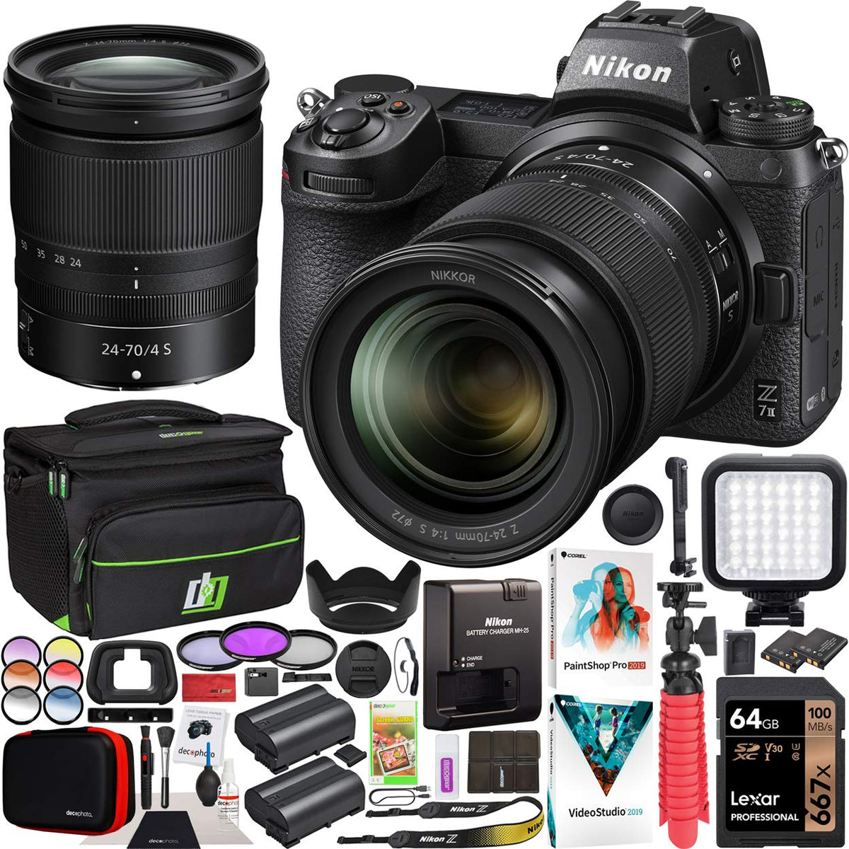 Nikon Z7II Mirrorless Camera Body + NIKKOR Z 24-70mm f/4 S Lens Kit FX-Format Full-Frame 4K UHD Bundle with Deco Gear Travel Gadget Bag Case + Extra Battery + LED + Filters + Software & Accessories