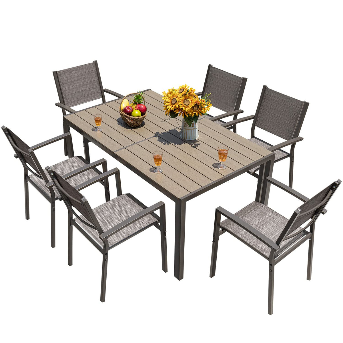 Homall 7 Pieces Patio Dining Set Outdoor Furniture with 6 Stackable Textilene Chairs and Large Table for Yard, Garden, Porch and Poolside (Grey)