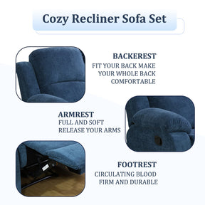 Plithzy Recliner Sofa Set Living Room Furniture, Microfiber Fabric Reclining Sofa Set, Recliner Couch Set with Cup Holders for Office Home (Sofa and Chair Set, Blue)