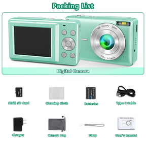 Digital Camera, FHD 1080P Point and Shoot Digital Camera for Kids with 16X Zoom, Anti-Shake, 44MP Vlogging Cameras with 32GB Card, Compact Small Digital Camera for Teens, Girls, Boys Students, Green