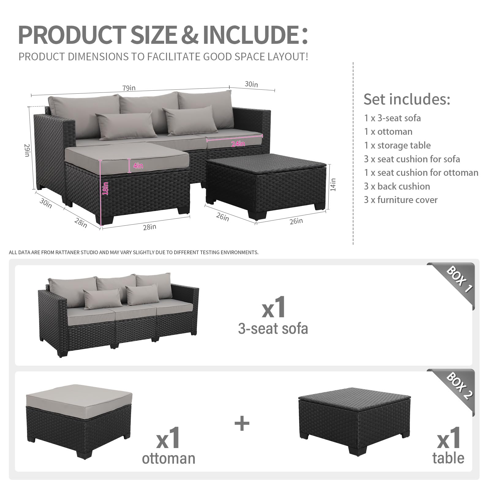 Rattaner 3 Pieces Patio Furniture Set Outdoor Sectional Wicker Patio Furniture Patio Couch with Ottoman and Outdoor Storage Table All-Weather Anti-Slip Cushions Waterproof Covers, Grey