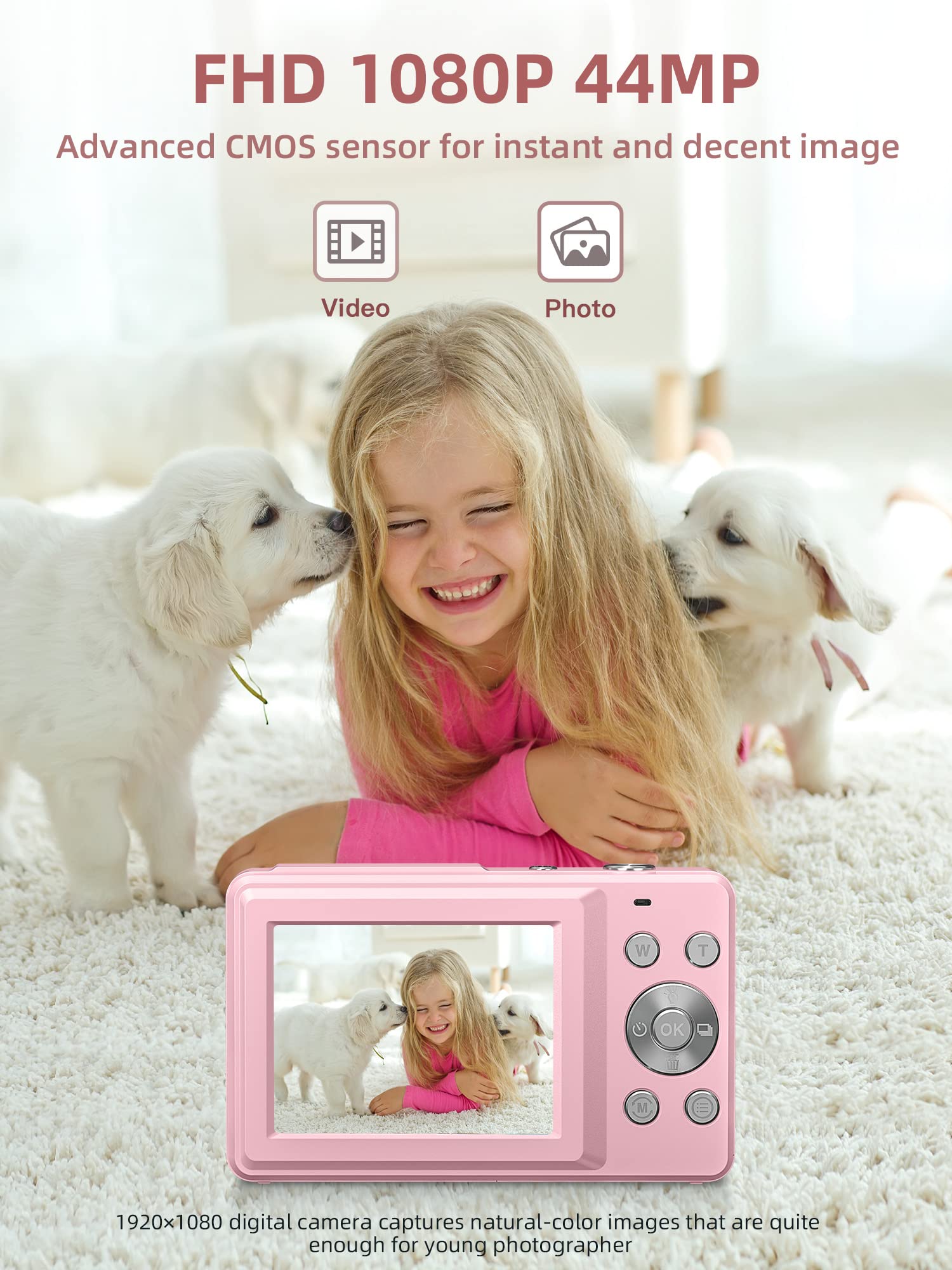 Digital Camera, FHD 1080P Camera, Digital Point and Shoot Camera with 16X Zoom Anti Shake, Compact Small Camera for Boys Girls Kids