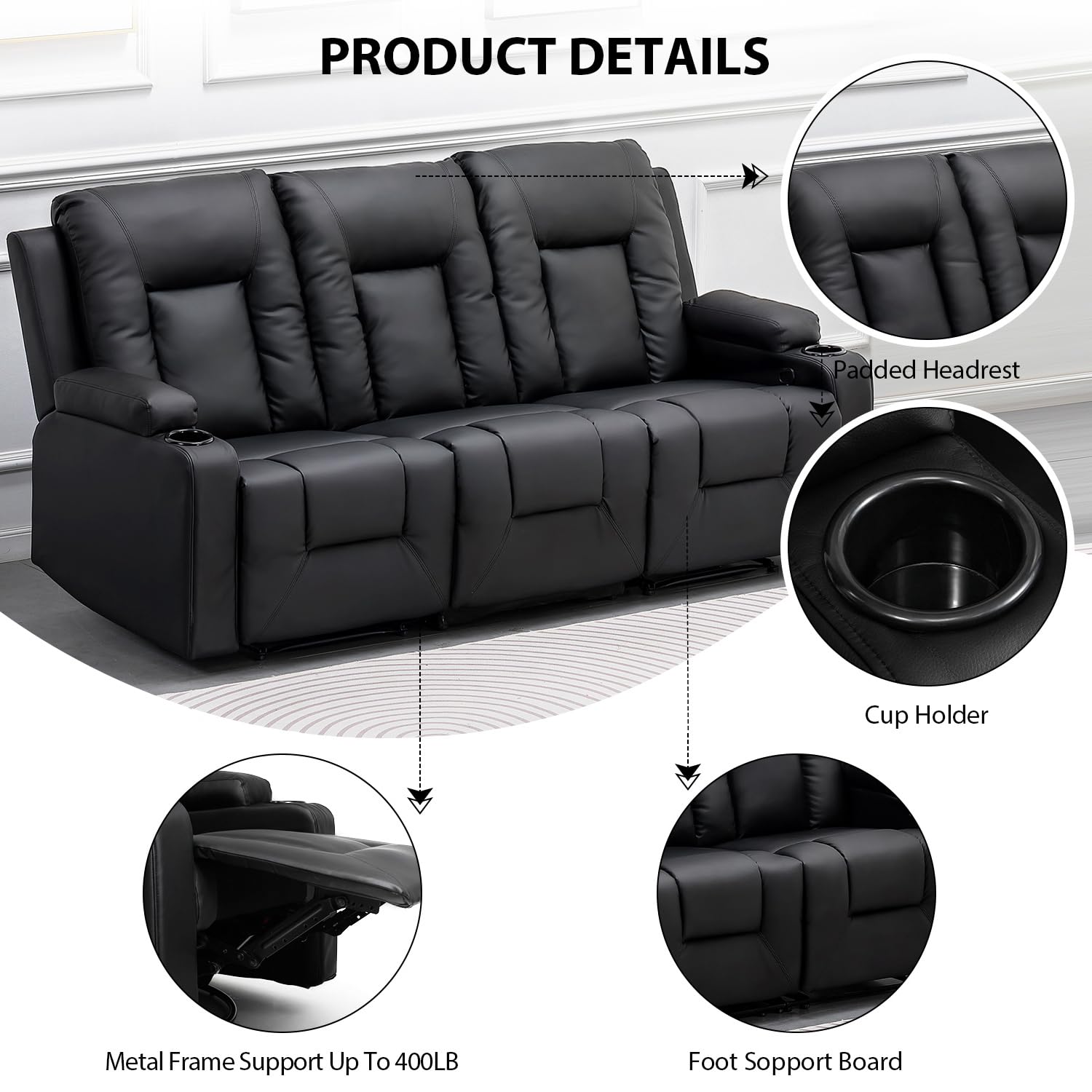 COMHOMA Recline Chair Set，Furniture 3PC Bonded Leather Recliner Set Living Room Set, Sofa with massger(Black, 3+2+1)