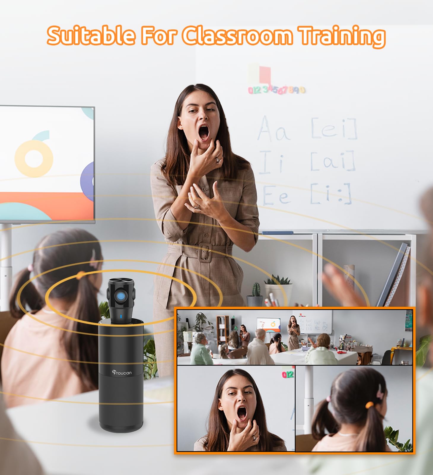 TOUCAN 360-Degree Video Conference Camera, 1080p HD Webcam with 4 Noise Reduction Mics, Speaker, AI Tracking, Works with Zoom, Google Voice, Microsoft Teams and More, for PC/Mac/Laptop/MacBook/Tablet