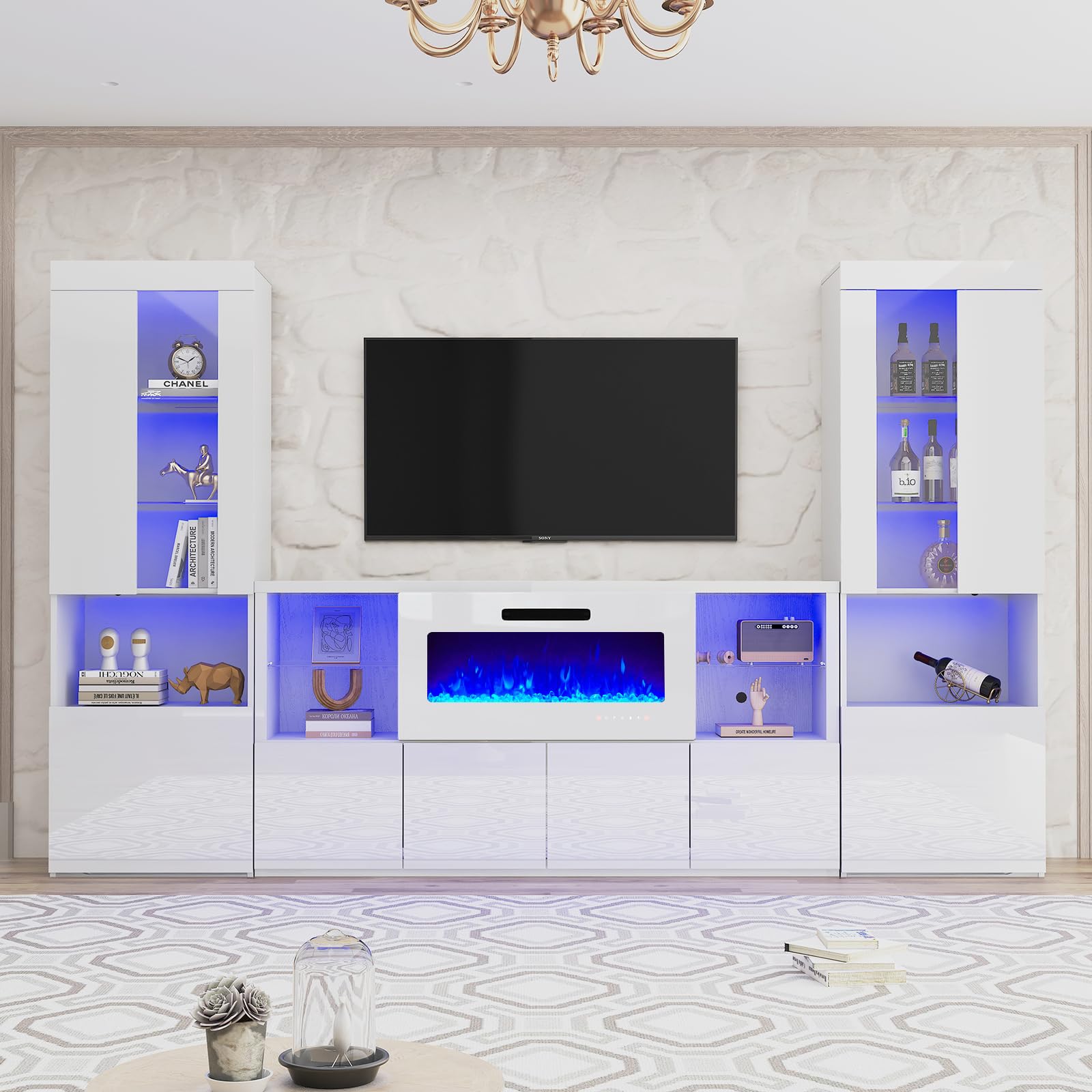 AMERLIFE 3 Piece Modern High Gloss Fireplace TV Stand + Bookcase Set for Living Room Includes 68" TV Stand with 40" Fireplace, 2 X Bookcase with Doors & 20 Colors LED Lights, White