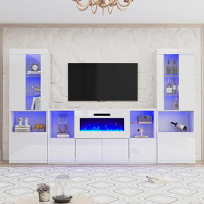 AMERLIFE 3 Piece Modern High Gloss Fireplace TV Stand + Bookcase Set for Living Room Includes 68" TV Stand with 40" Fireplace, 2 X Bookcase with Doors & 20 Colors LED Lights, White