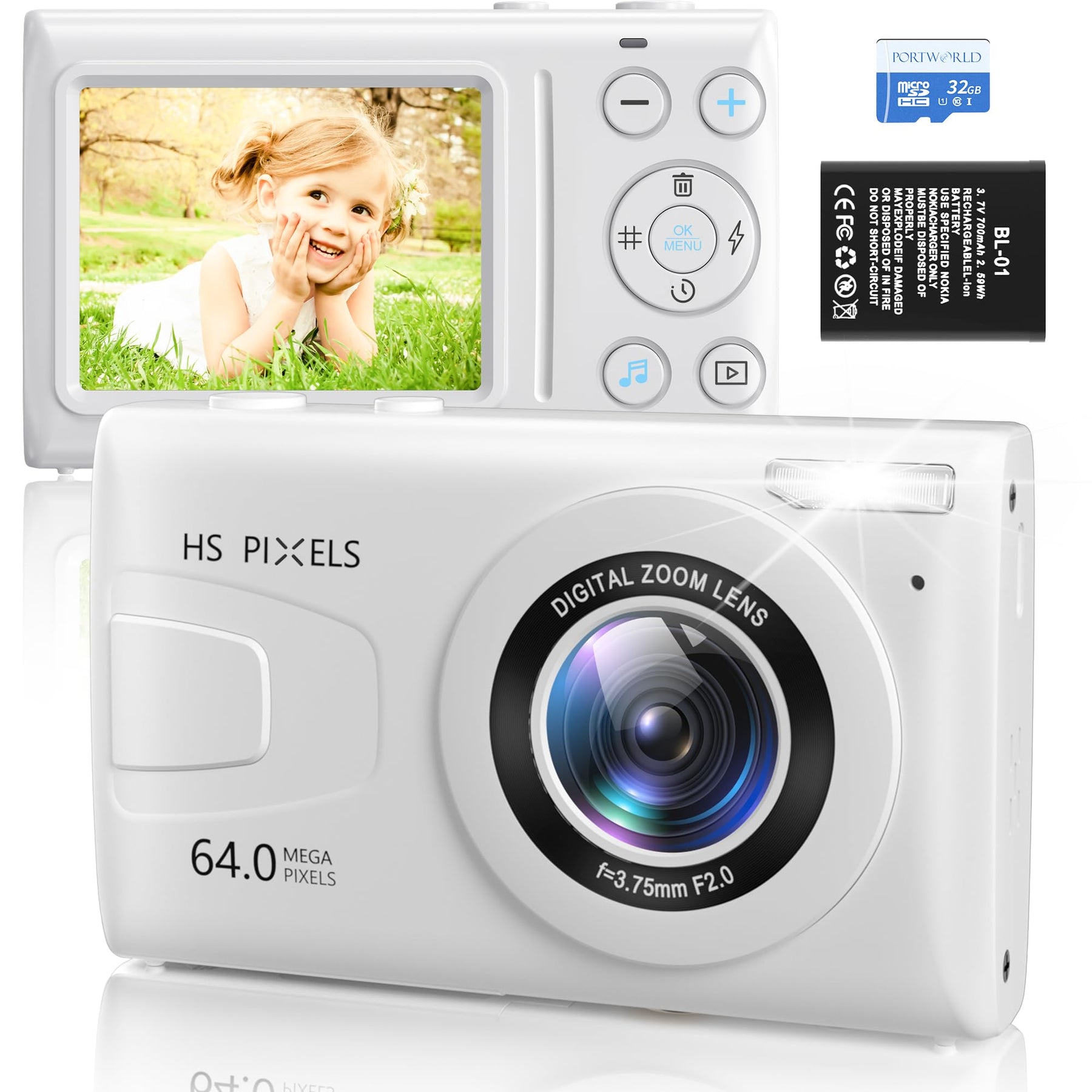 Kids 4K Digital Camera for Photography: 64MP Autofocus Compact Camera with 32GB MicroSD Card, 18X Digital Zoom Point and Shoot Camera for Girls Boys Christmas Birthday Gift-White